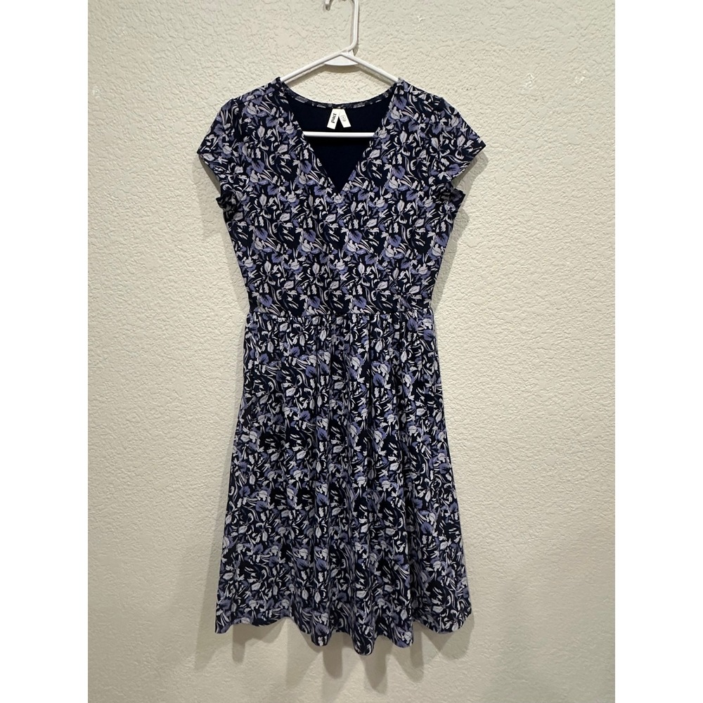 Pact Organic Cotton Floral V-Neck Fit & Flare Dress Navy Blue Lavender Small